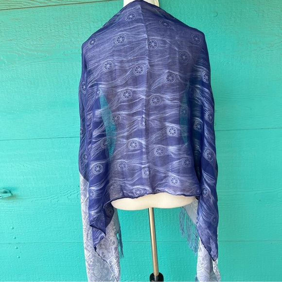 100% SILK BLUE COLORBLOCK GOLD THREAD MIXED MEDIA LARGE SCARF WRAP - Picture 7 of 7